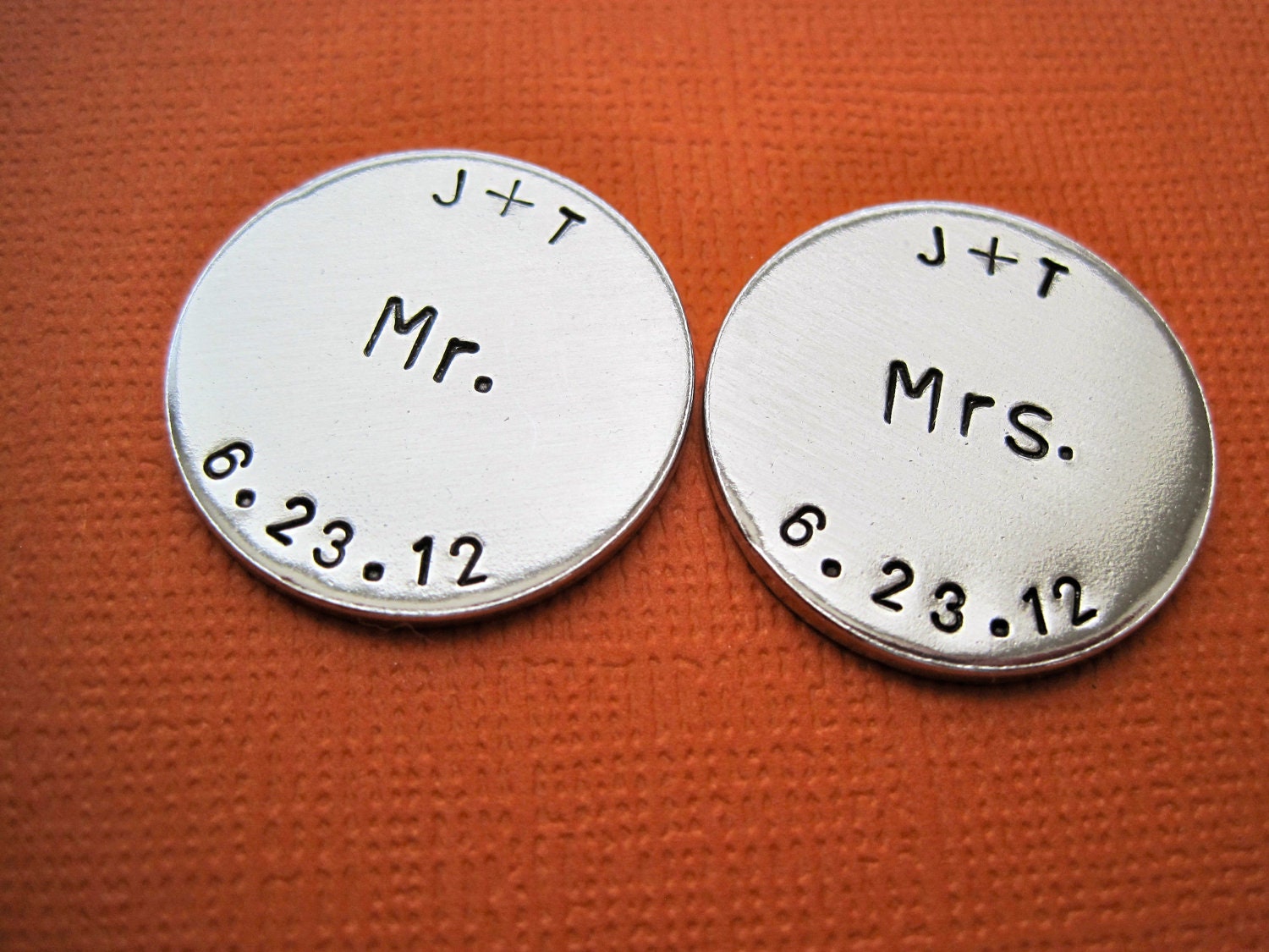 Mr and Mrs Personalized Markers - Hand Stamped Accessory - Keepsake Token - Wedding gift