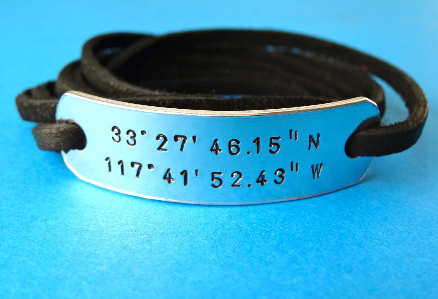 Custom handstamped Latitude Longitude, Coordinates - Personalized Wrapped Bracelet - Leather cord of your choice