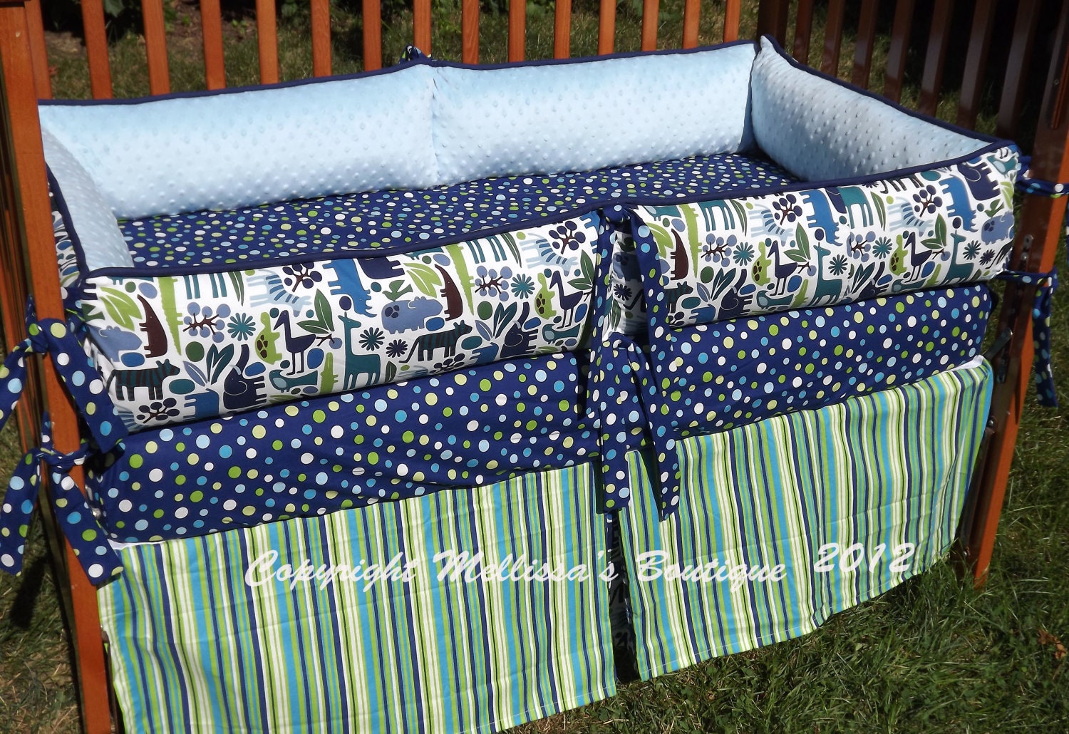 Custom 2D Zoo in Pool Blue and Green Complete Designer 4-Piece Boutique Crib Nursery Bedding Set