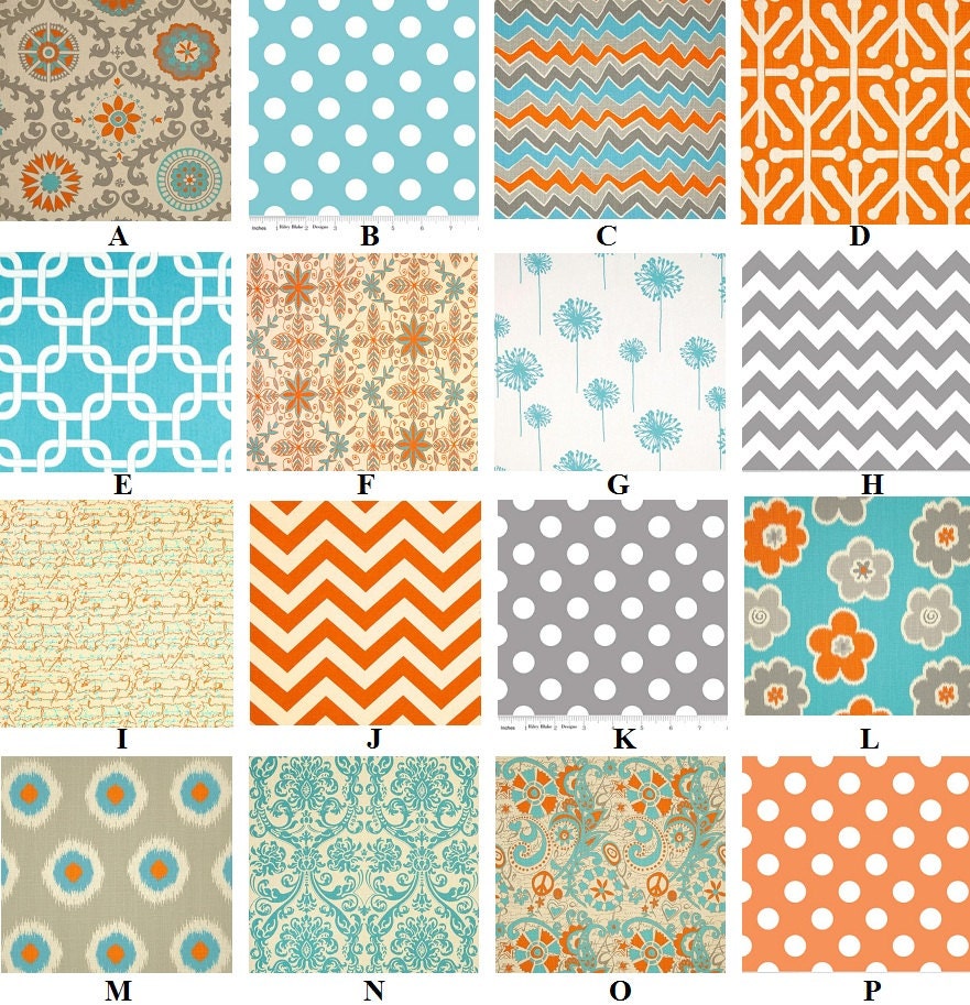 Custom Mandarin Orange Aqua and Grey 3-Piece Complete Boutique Crib Bedding Set made with Designer Fabrics