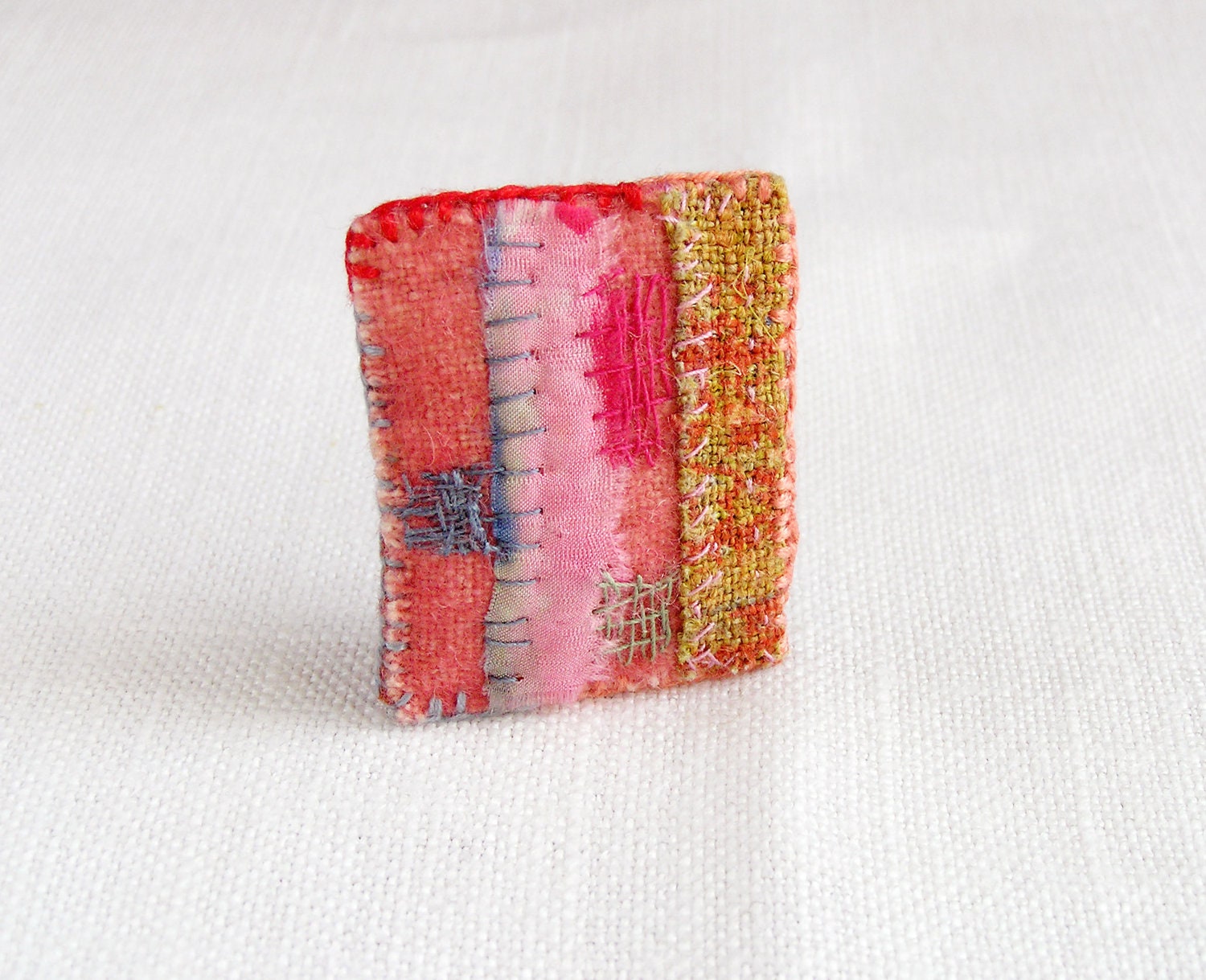 Textile art Brooch - fiber pin - pink blue beige - textile jewelry