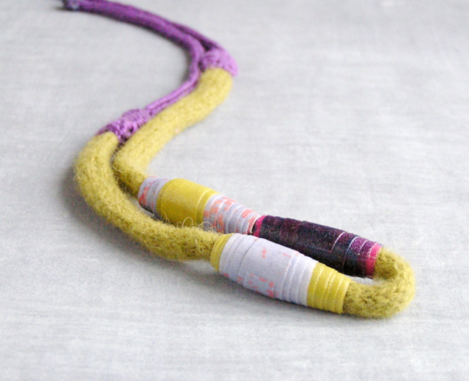 Textile Necklace - beaded fiber necklace -  knitted necklace  lime purple -  textile jewelry