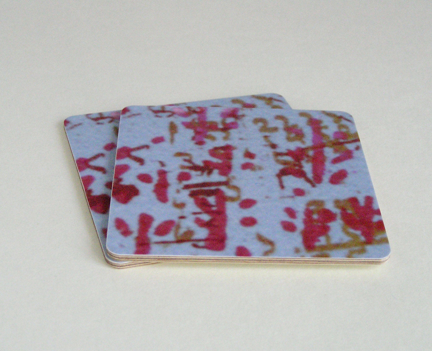 handmade screenprinted Coasters- decorative blue red -  square cherry  blossom set of 2