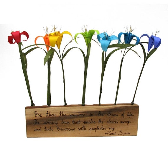 7 Colors Rainbow Lord Byron Quote Rustic Natural Poplar Wood with Origami Flowers by PaperDisciple and Tanja Sova
