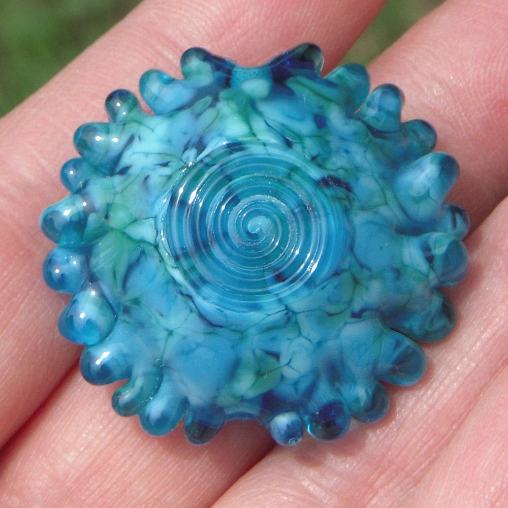 Lampwork glass focal bead, blue lentil, "Serena"