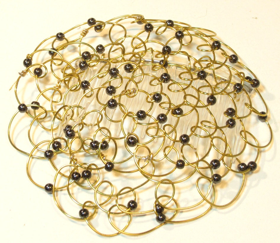 Gold Wire Beaded Kippah with Black Hematite Beads  - in stock