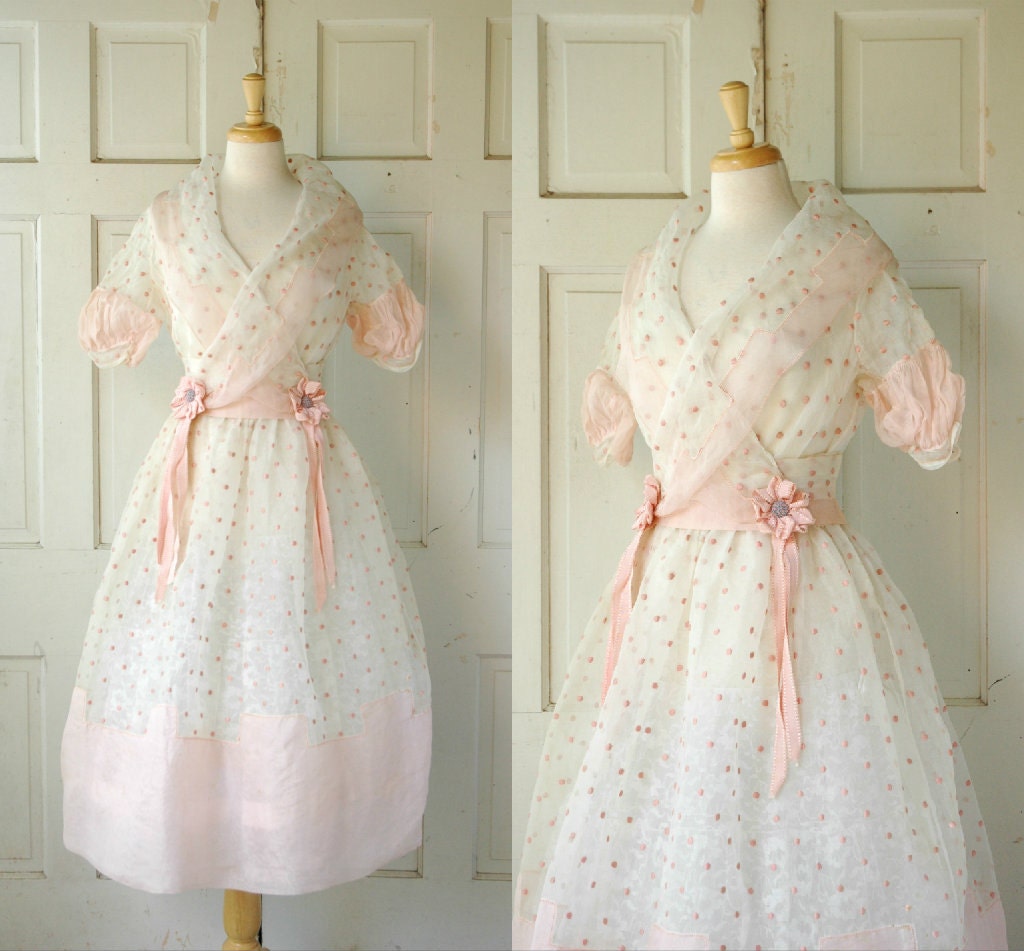 1930s Party Dress / Vintage White Pink Polka Dot Dress