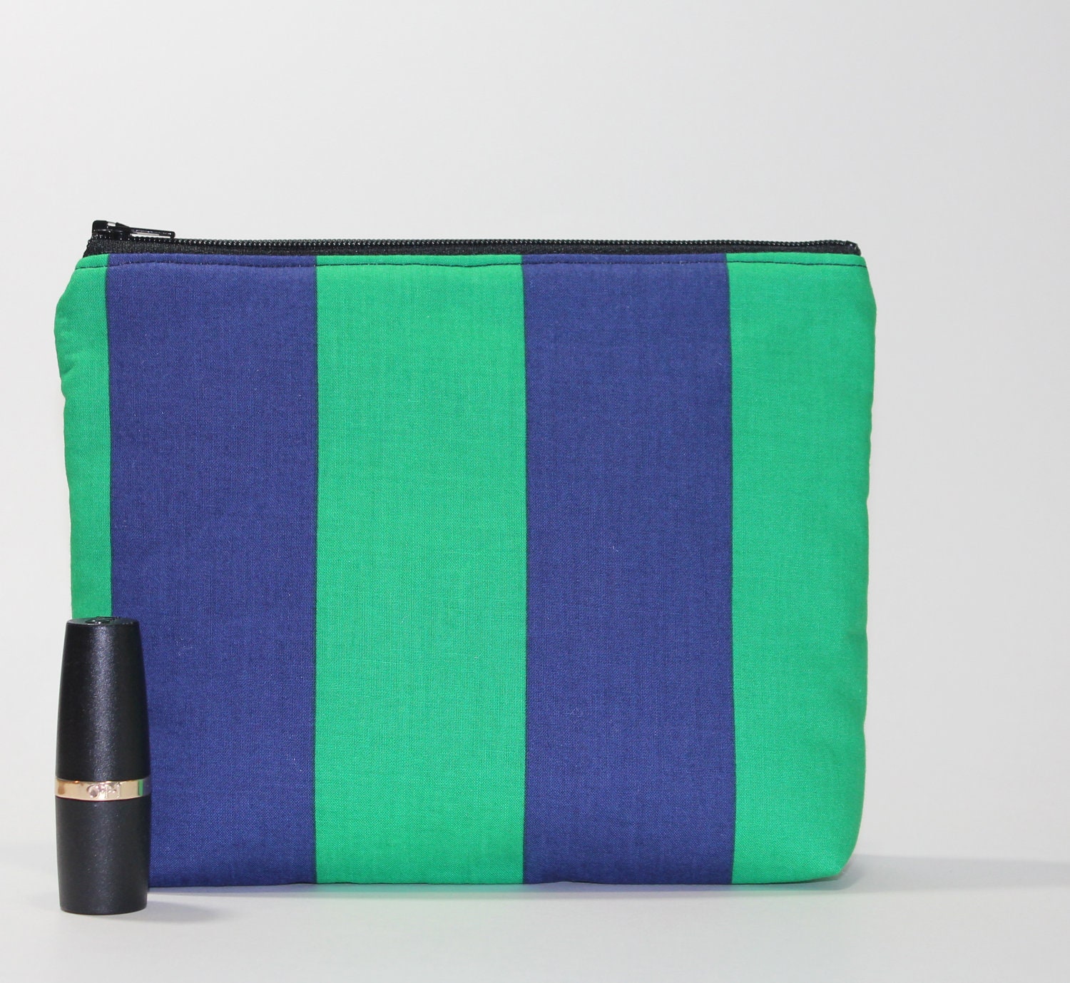 SALE - Divided Cosmetic Bag - Preppy Green and Blue Stripes