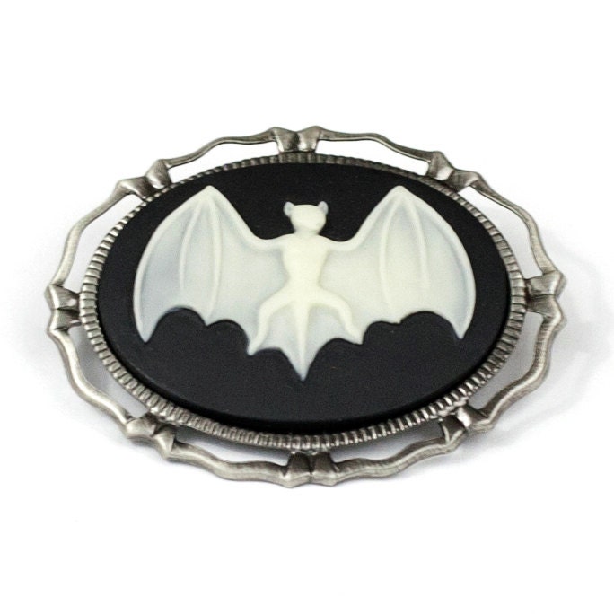Black and White Neo Victorian Vampire Bat Cameo Brooch Pin with Antiqued Silver Frame by Velvet Mechanism