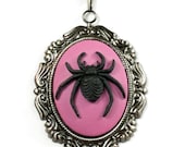 Spooky Gothic Steampunk Big Dramatic Pink and Black Spider Cameo Necklace with Gunmetal Setting and Chain by Velvet Mechanism