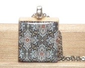 Navy Blue Lace Flowers Scrabble Tile Pendant