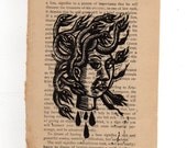 Medusa Head Linocut Print on Vintage Book Page