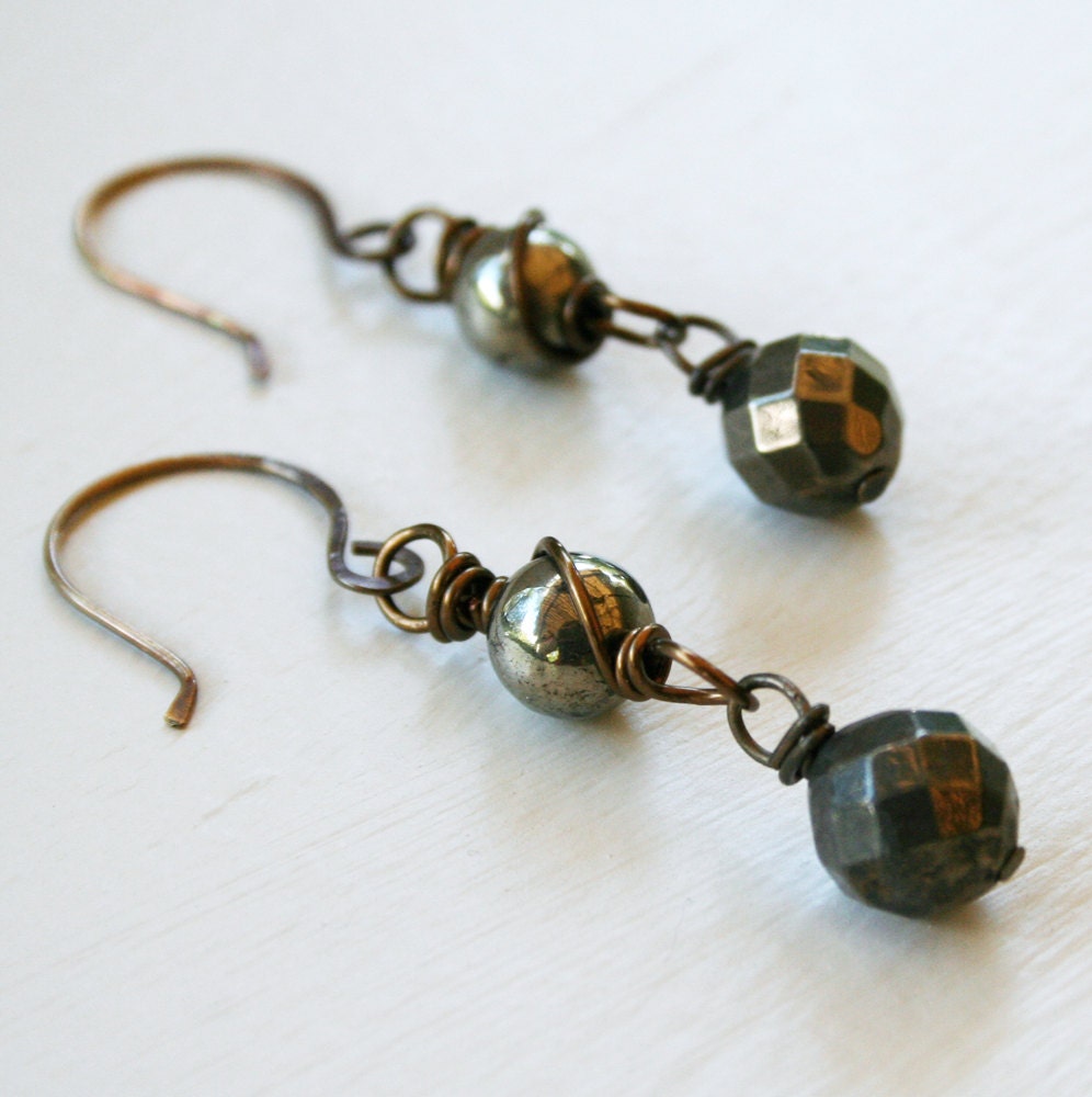 Essex Earrings - Wire Wrapped Pyrite and Antique Brass