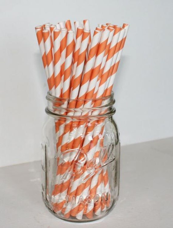 Orange and White Striped Paper Straws - Orange or choose any color combination Il_570xn