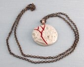 Ceramic Moon Necklace, Carved Porcelain Moon Necklace in Red and White