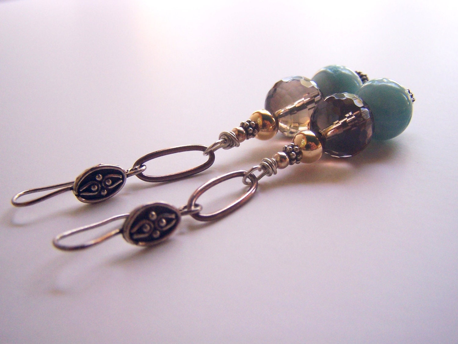 Earth & MIST. Smokey Quartz - Amazonite - 14K Y Gold - Sterling Silver Earrings - Blue Green Mint Brown - Fall Fashion - Gugma Jewelry