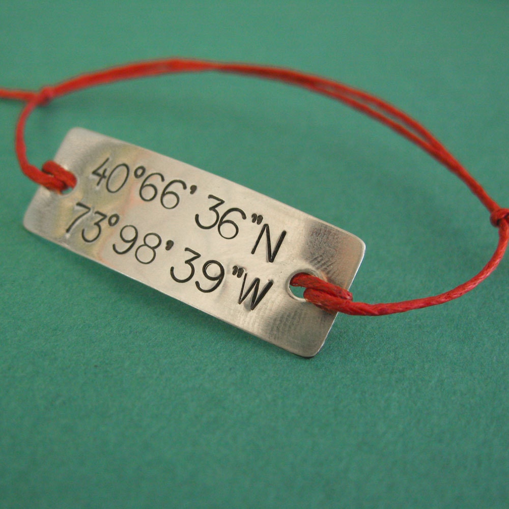 Personalized Latitude and Longitude Sterling Silver slide knot bracelet on cotton cord - custom stamped