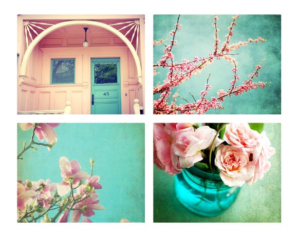 SALE - Pink and Teal - Photography set shabby chic photos hot pink teal aqua wall art decor flowers floral art photography