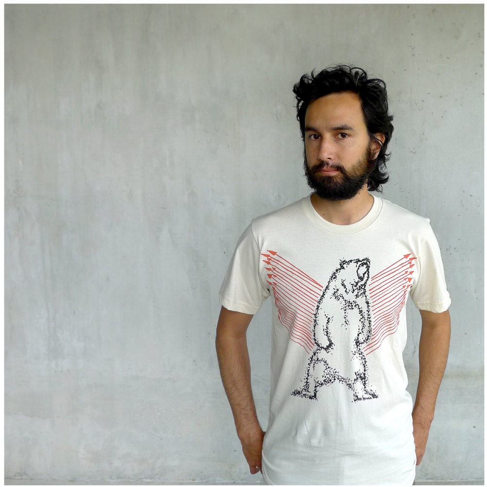 Mens tshirt - organic cotton - MEDIUM - eco friendly fashion - grizzly bear print with bright orange arrows - URSA MAJOR