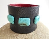 Black Leather Cuff  with 3 Turquoise Colored Howlite Beads