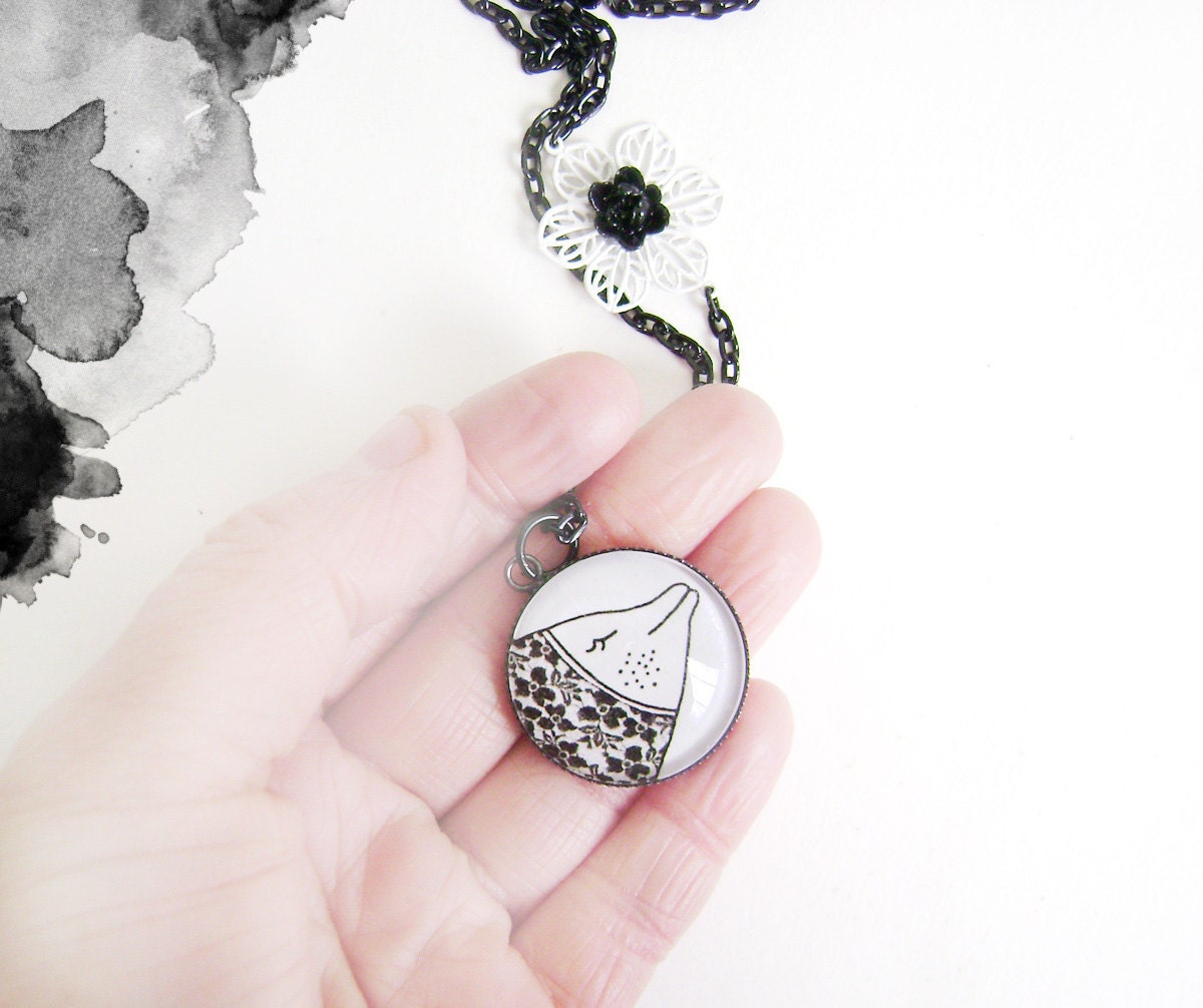 Round Glass Necklace - White fish. Fish necklace/SALE