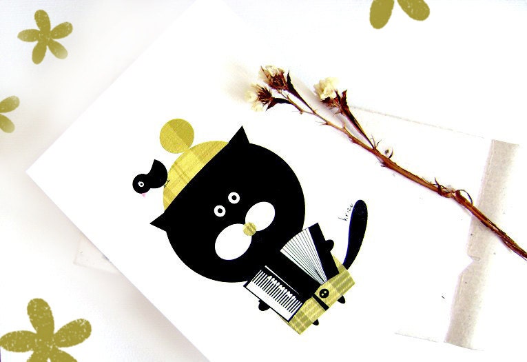 Cat print, digital illustration, Music print