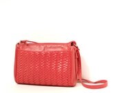 VIBRANT red leather 80s WOVEN BOHEMIAN hobo large purse
