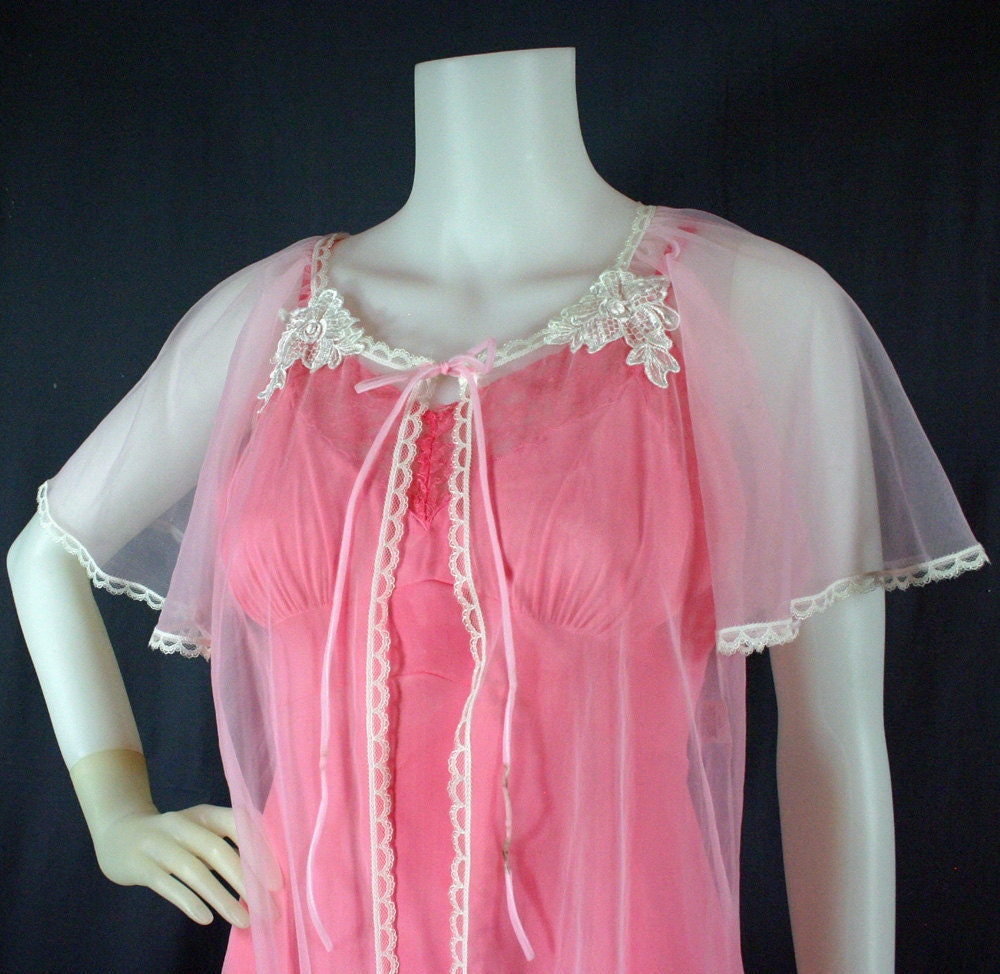 70s Sheer Pink Chiffon Robe Peignoir, Medium - Vintage Lingerie
