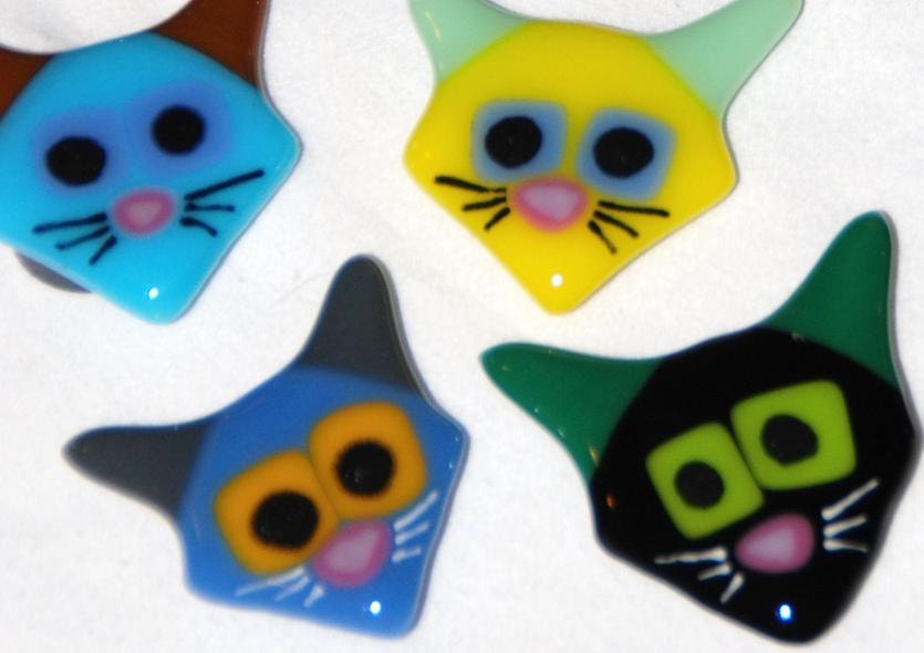 Whimsical Cat Magnets in Fused Glass, Colorful and Expressive, about 2", Shipping Included