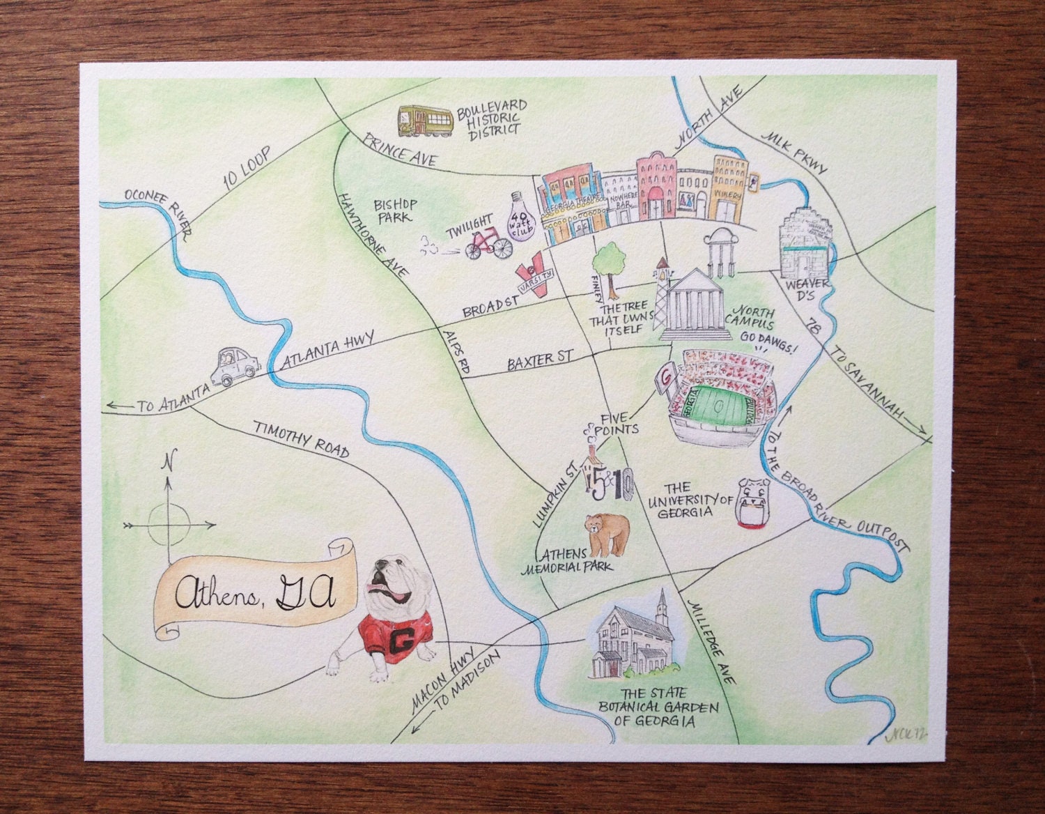 8x10 Print of Hand-painted Athens, Georgia map -- watercolor print