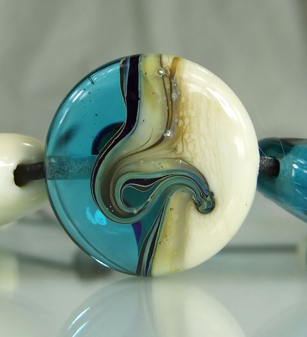 Lampwork Bead Set Aqua/Silver/Ivory