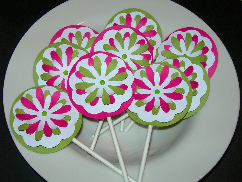 Dark Pink and Green Daisy Cupcake Toppers MADE TO ORDER