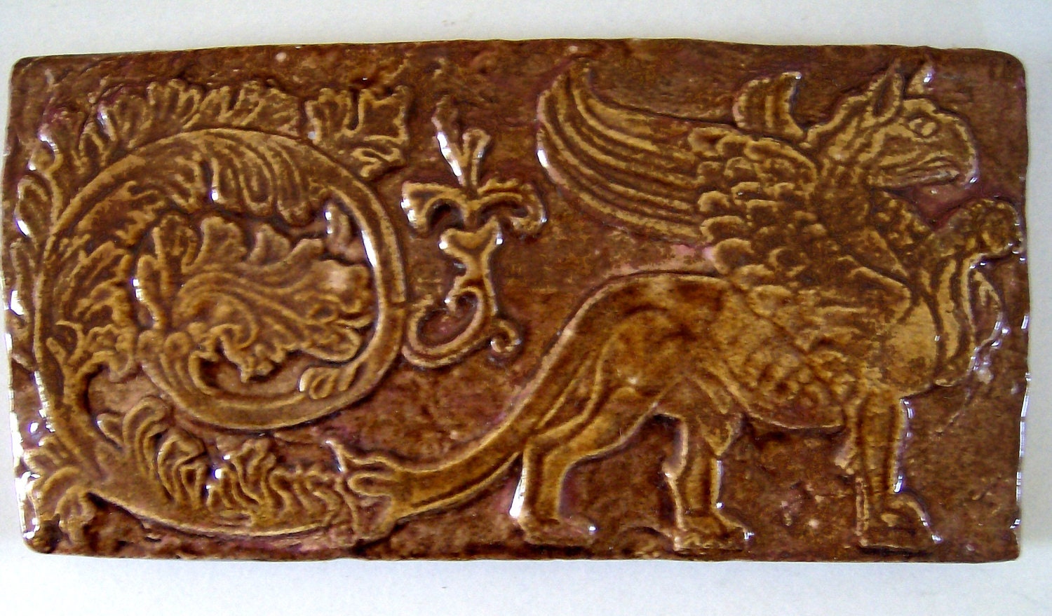 Handcarved Medieval Art Tile -- Large Magnificent Gryphon