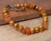 Amber Freshwater Pearl Bracelet, Semi Precious Agate Stone Chip Bracelet, Golden Orange Stone And Pearl Bracelet