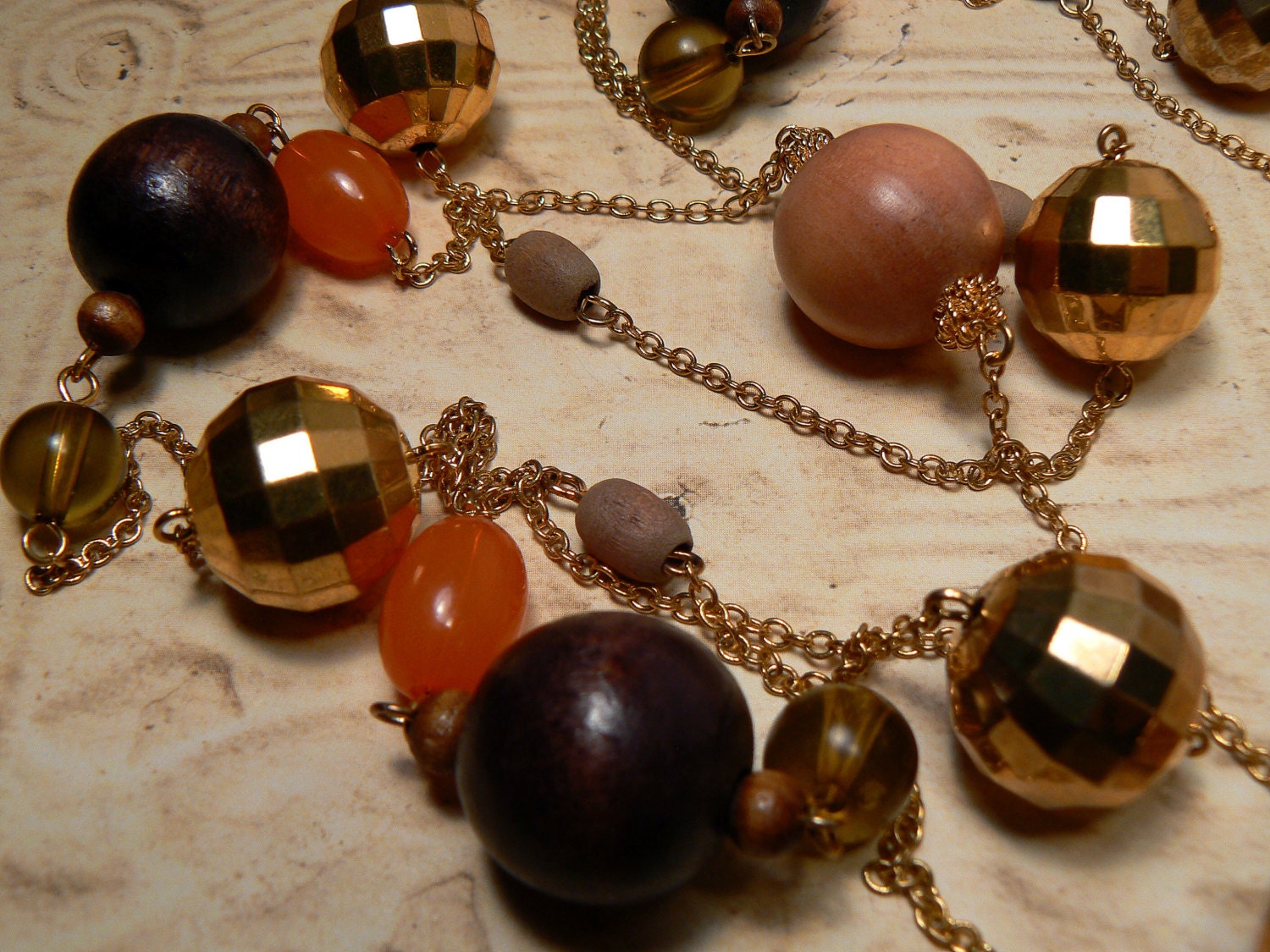 Long Gold Natural Wood Bead Necklace, Versatile Bohemian Chic Necklace, Lightweigth Everyday Necklace