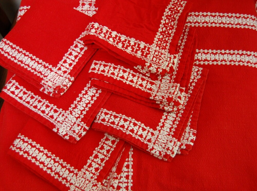 SALE:  Vintage Red and White Embroidered Tablecloth and 6 Napkin Set Christmas
