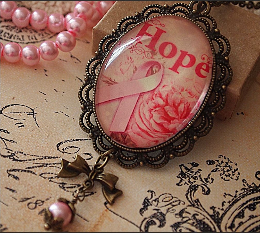 Breast Cancer Awareness Pendant With FREE Chain Shabby Pink Ribbon in Victorian Bronze Cameo Setting