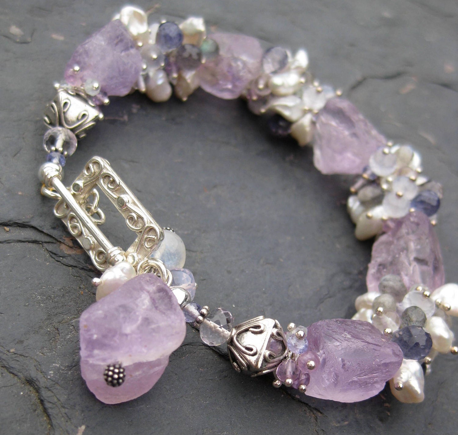 Cape amethyst bracelet sterling silver keishi pearl bracelet chalcedony labradorite mermaid bride garden fairy gemstone jewelry --Sprite--