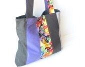 Tote Purse Recycled Fabrics - Purple Black Purse - Art Tote Bag Upcycled Clothing - Womens Fabric Patchwork Purse Handbag