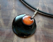 Enamel Necklace, Persimmon Orange and Black Pendant, Copper Enamel Jewelry, Stacked Circle Jewelry, Prairie Style