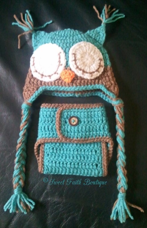 Crocheted sleepy owl hat and diaper cover set in blue and brown perfect for baby or photo prop
