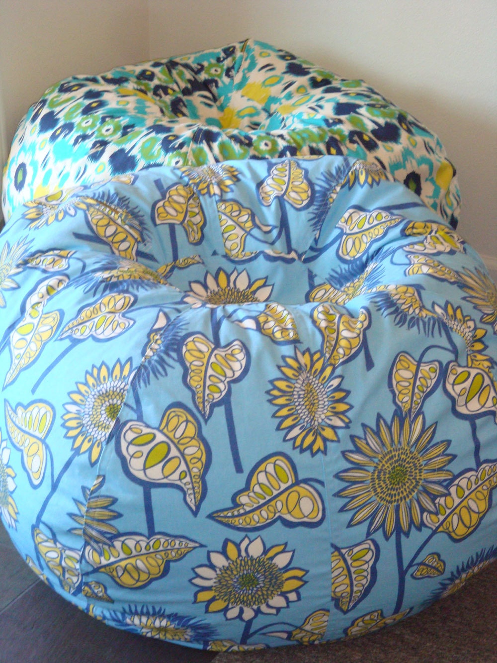 Blue and Yellow Sunflower Print Bean Bag chair large and charming
