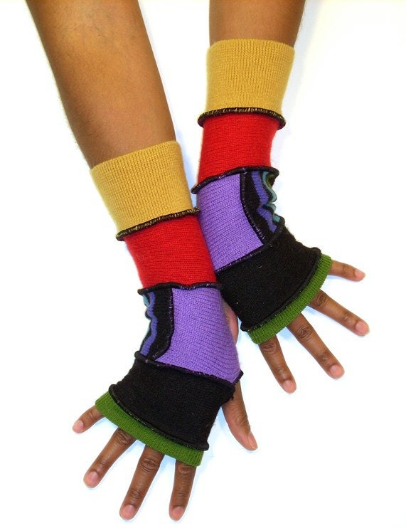 Finger less Gloves, Arm Warmers, Multicolored (Apple Green, Black , Color Blocked Stripes and Lavender, Red, Mustard)