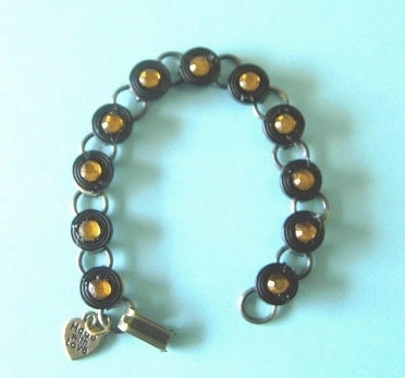 Black n gold bracelet made from vintage 1980s buttons n gemstones