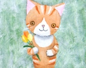 Cute Cat illustration Original Painting Orange Tabby Cat Flower Pastel Green Home Wall Decor
