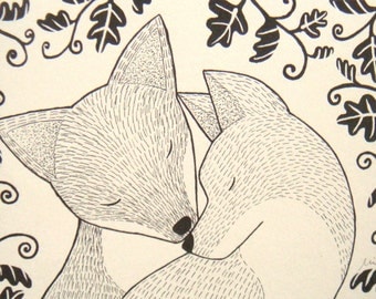 Fox Ink Drawing Illustration Print White or Ivory Woodland Wedding Love Black & White Home Decor 4x6