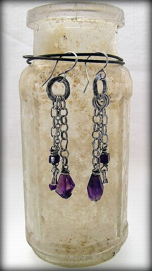 Urban Primitive, Amethyst and Chain Collage Earrings - OOAK