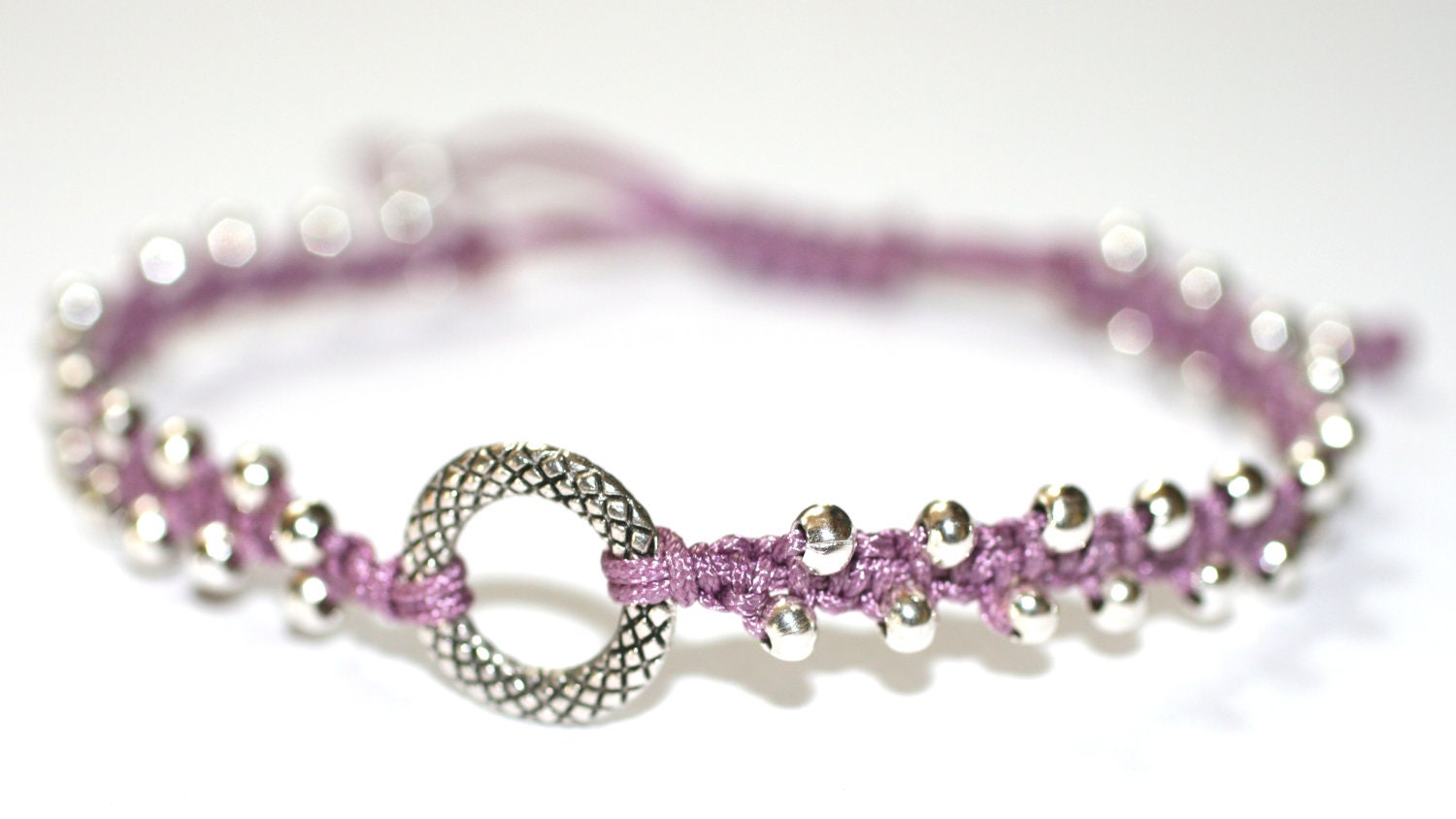 Lavender Macrame Silver Beaded Friendship Circle Handmade Bracelet