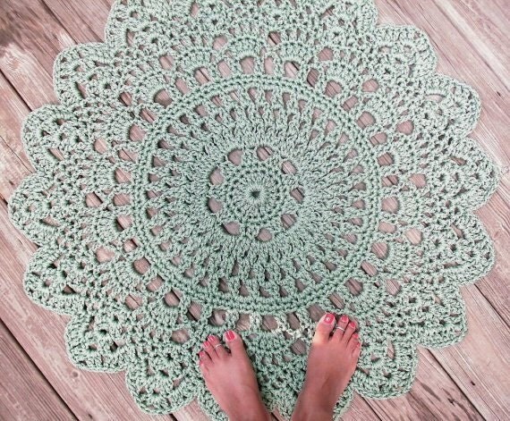 Sage Green Patio Porch Cord Crochet Rug in 35" Round Pineapple Pattern