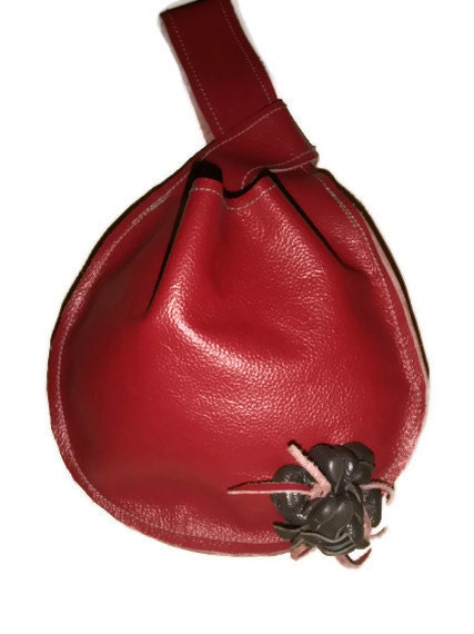 Scarlet Red Genuine Leather Japanese Wristlet Purse with Charcoal Flowers - FREE SHIPPING